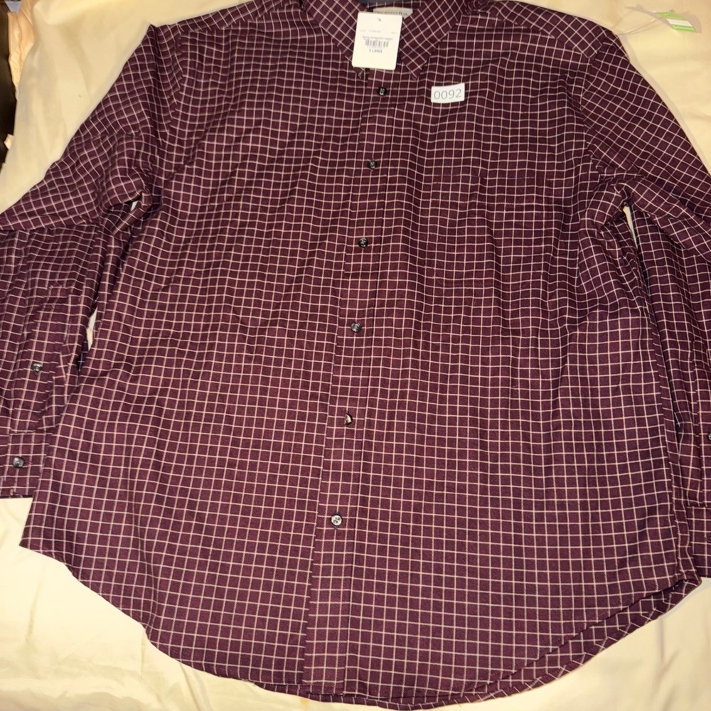 St Johns Bay Mens XL Burgundy Windowpane Check Button Down Shirt Long Sleeve NEW